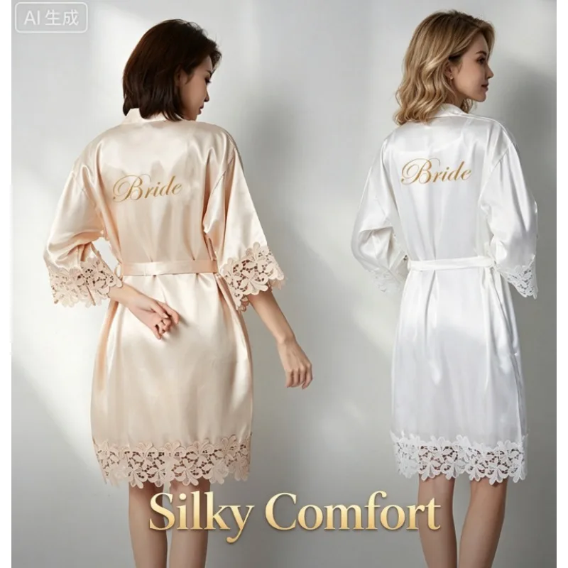 

Bride Silk Robe – Lace Trim Kimono Cardigan One Size – Soft & Breathable – Perfect for Wedding Morning Makeup Bridesmaid Party