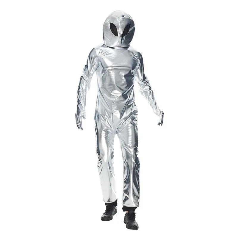 

Adults Alien Cosplay Costume Adult Silver Astronauts Long Sleeves Jumpsuit with Hat Halloween Stage Performance Costumes cm;5