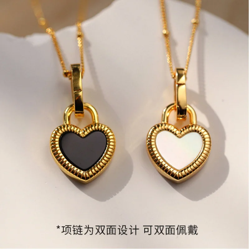 925Sterling Silver Retro Affordable Luxury Natural Black Red Agate White Shell Double-Sided Love Heart-Shaped Lock Pendant Women