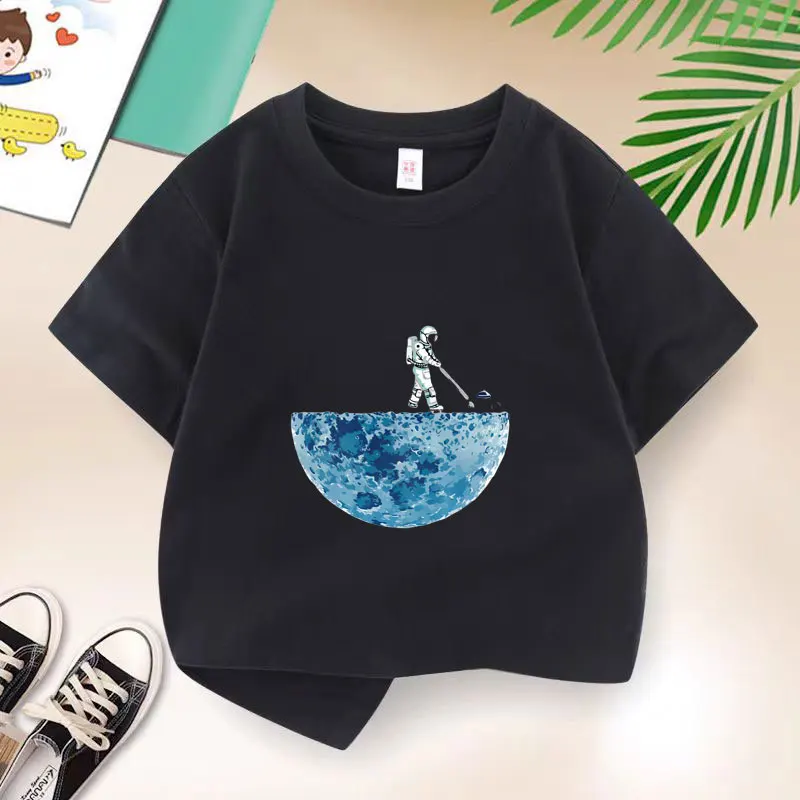 New 2025 Summer Science Children's Lunar Exploration T-shirt Boys T Shirt Boys Clothes Print Cotton T Shirts Kids Clothes