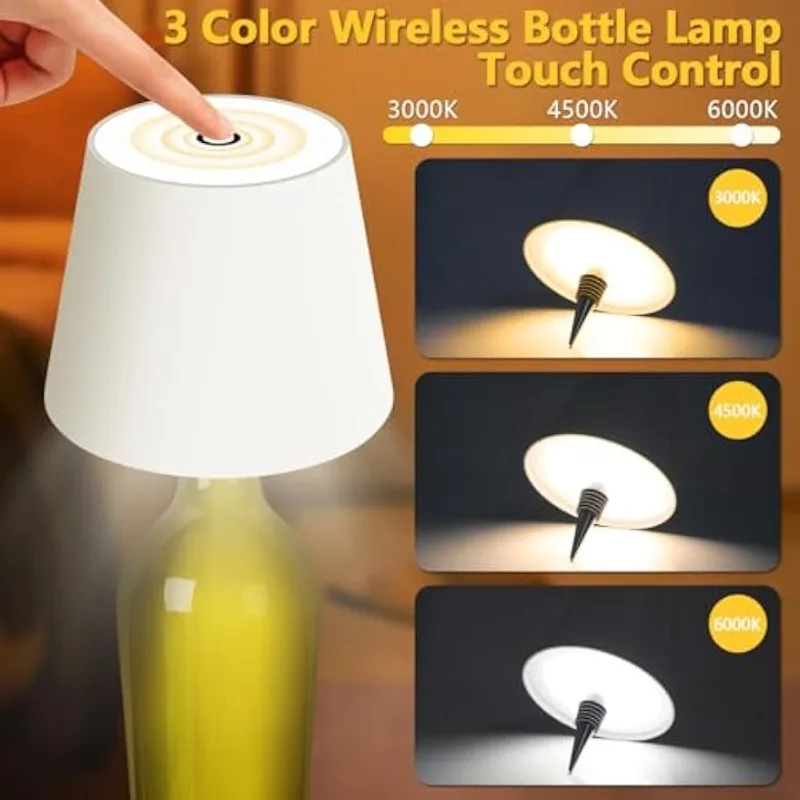 2 Pack Wireless Bottle Lamp, Portable Rechargeable Touch Lamp 3 Color Wireless Table Lamp for Bedroom, Restaurant & Bar