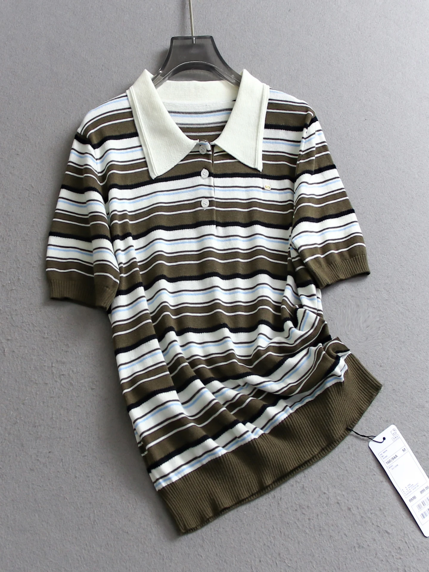 

Soft Skin-Friendly Neck Fashion Striped Knitwear Short Sleeve Women's T-Shirt V125 Autumn New Arrival Commute Style