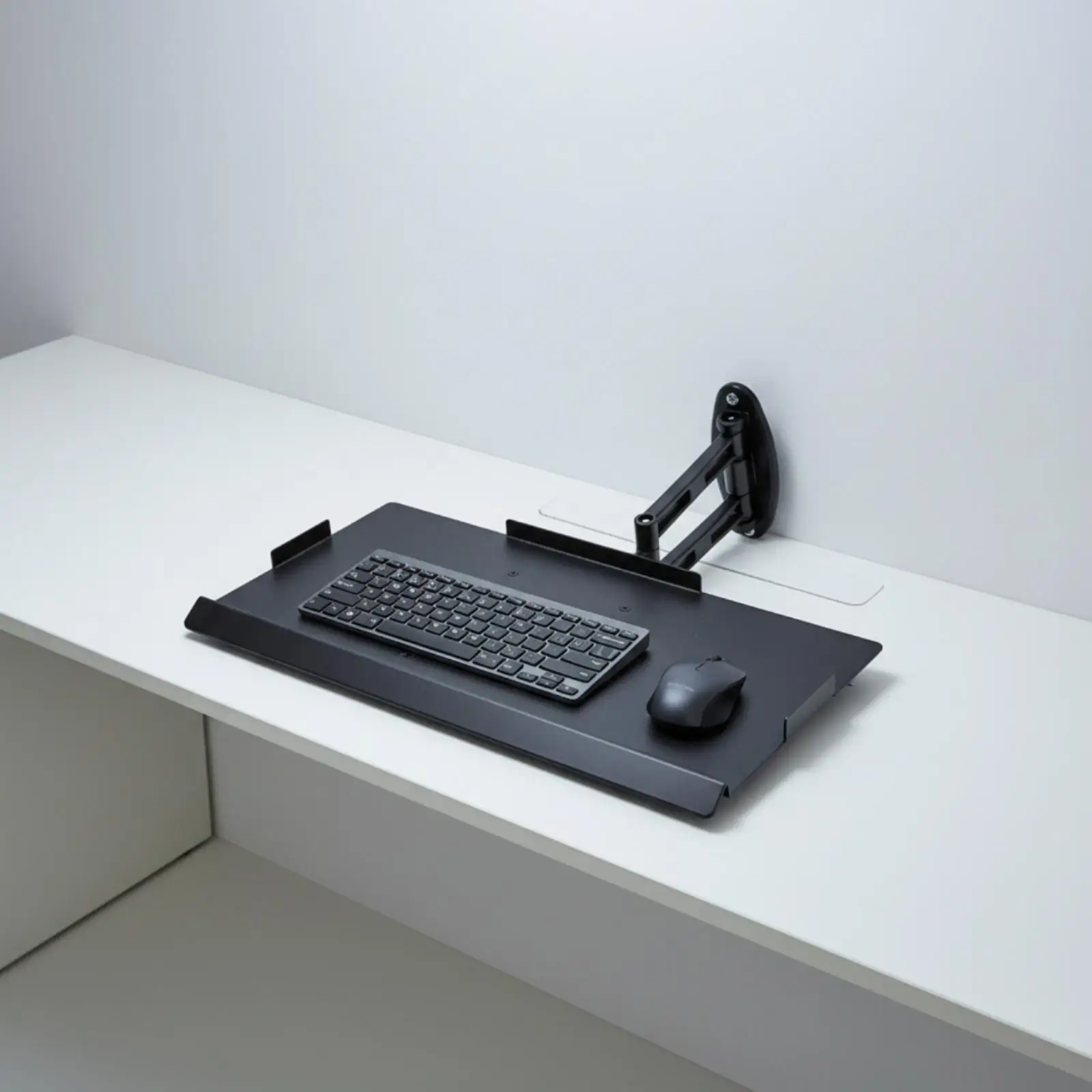 金属製キーボードホルダー、デスクマウント、モニター下設置、調整可能なアーム、ホームオフィスやゲーミングセットアップに最適