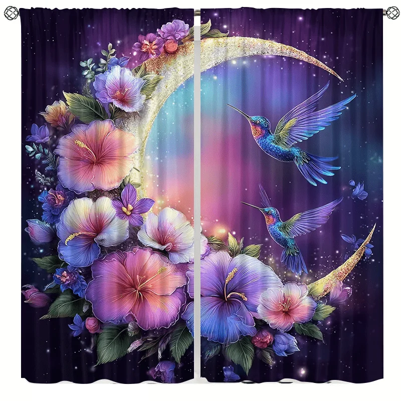 Colorful flower, moon animal and bird curtains installed using pocket rod method, suitable for bedrooms, living rooms, balconies