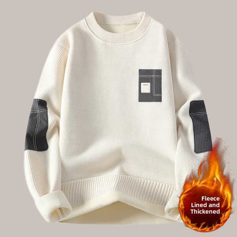 

Мужской вязаный свитер с круглым вырезом, теплый, для молодежи и студентов, с интегрированным флисом, зимний базовый слой, свободный крой, длинный рукав