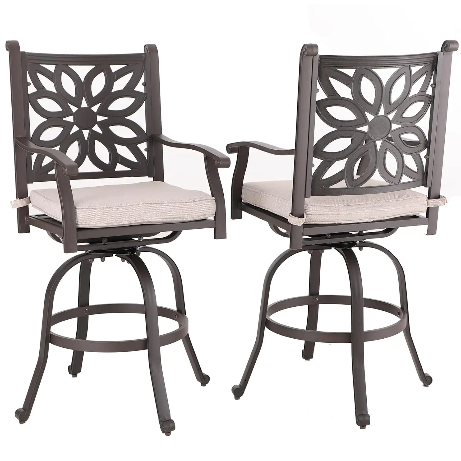 Aluminum Swivel Bar Stools 2pcs High Top Beige Cushion Back Armrest Footrest Retro Pattern Counter Height Patio Deck, Customized