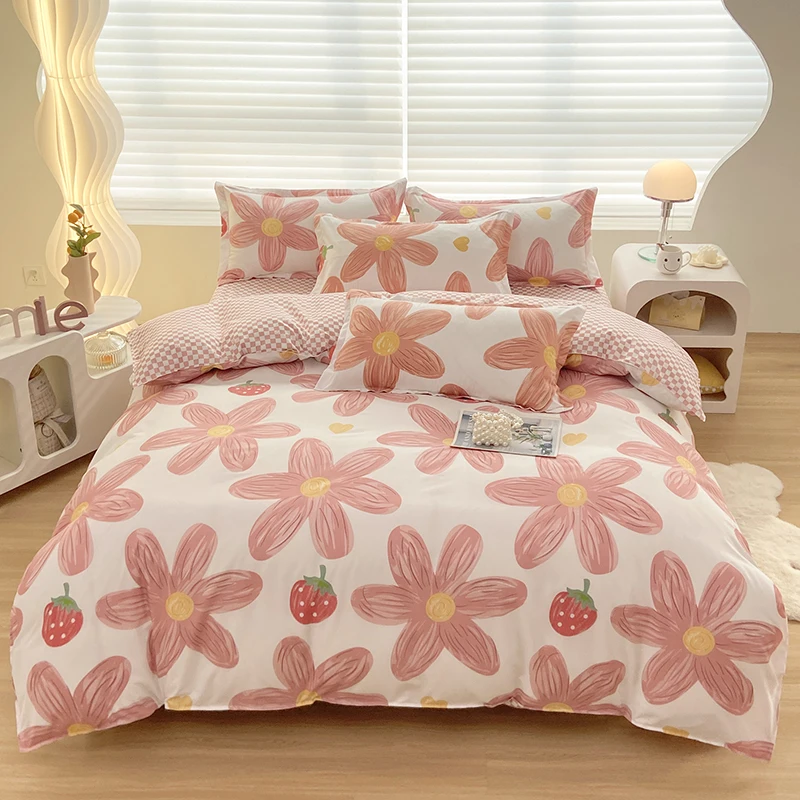 1PC Duvet Cover - Pink Floral & Strawberry Pattern with Checkered Matching Soft Skin-Friendly Bedding Cover for Bedroom Dorm