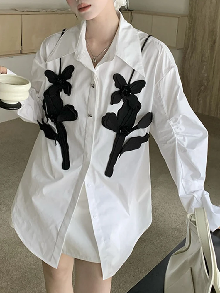 YERMORA white spliced flower casual blouse for women lapel long sleeve loose fit new shirt fashion tide spring autumn 2025