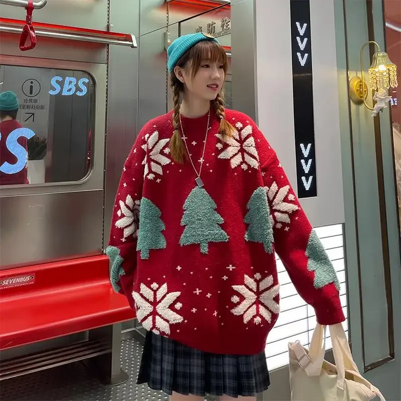 Sweater pullover natal pria wanita, atasan harajuku longgar kasual pasangan, leher bulat, musim gugur dan musim dingin, trendi gaya Korea