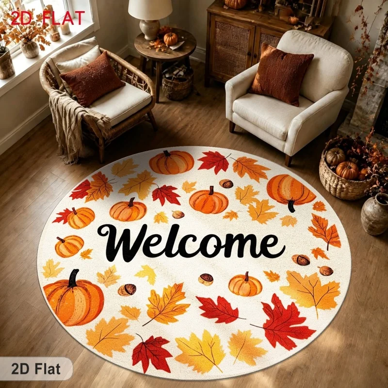 Autumn Welcome Pumpkin Maple Leaf Round Rug,Fall Harvest Printed Circular Floor Mat,Living Room Entrance Decor Carpet