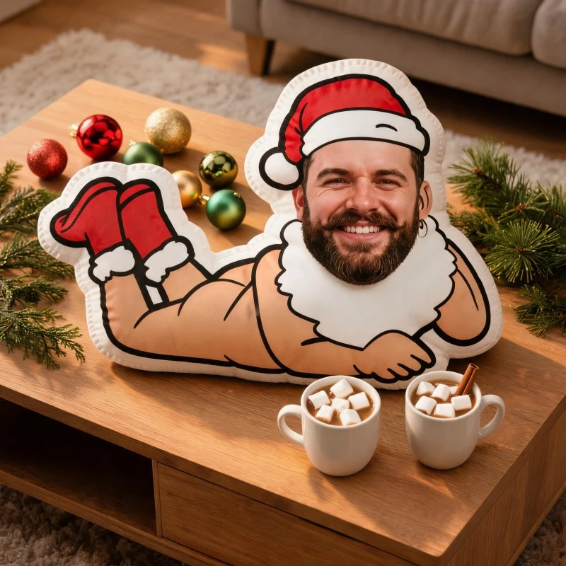Custom Funny Face Santa Body Shaped Pillow, Personalized Photo Bearded for Man Decorative Cushion, Unique Home Decor Accent for