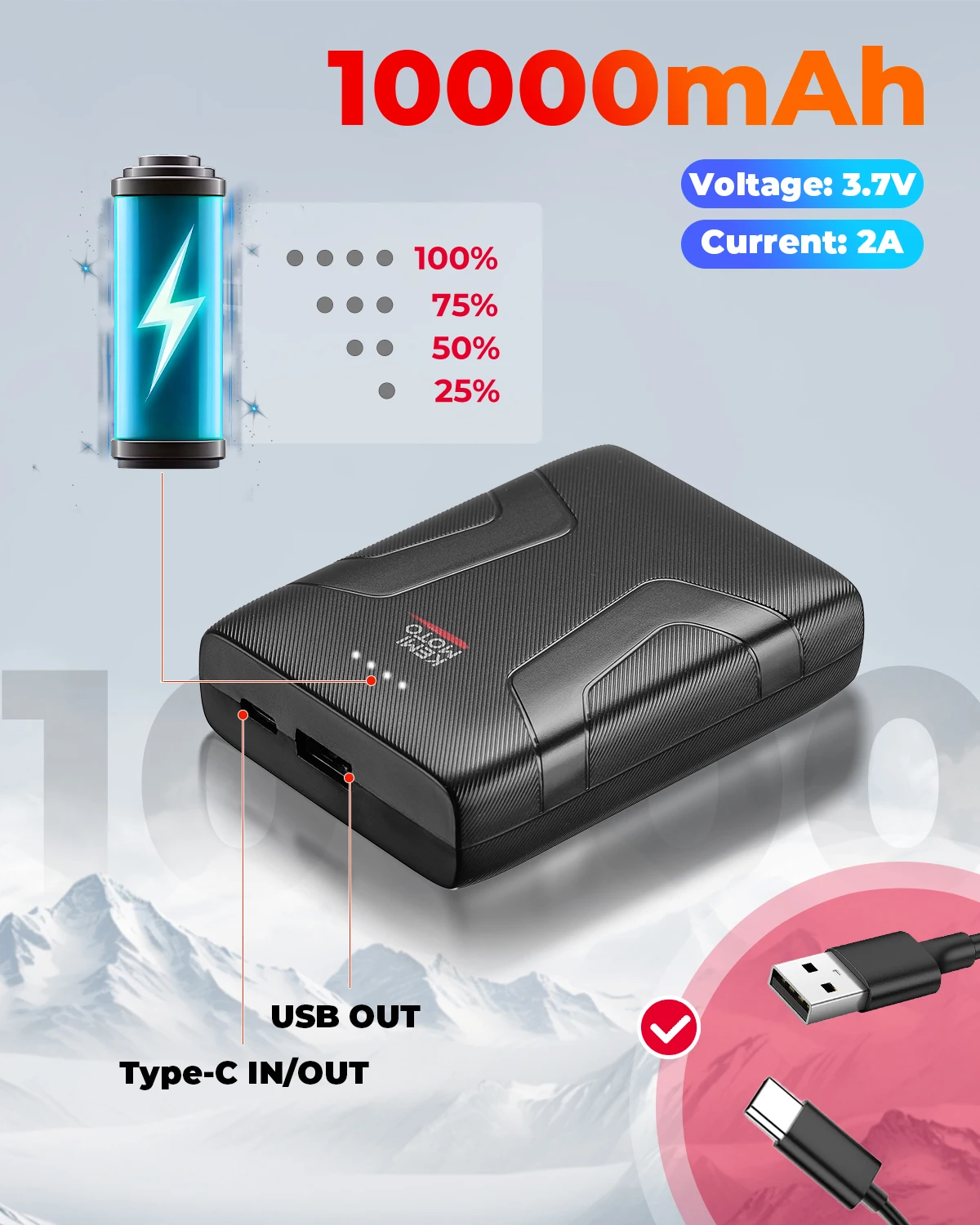 Mini Power Bank 10000mAh do Podgrzewanych Kamizelek i Kurtek, Szybkie Ładowanie, Bezpieczny, Certyfikat CE, Przenośna Ładowarka do Użytku Zewnętrznego
