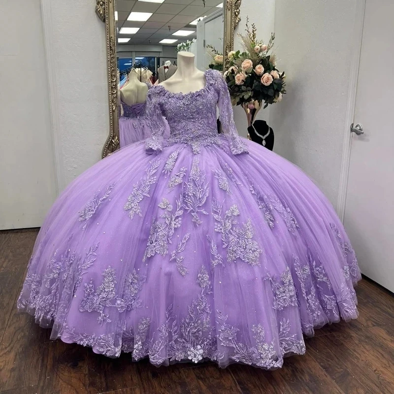 

Lavender Scoop Quinceanera Dress Sweet Beading Appliques Lace 16 Year Old Girl Long Sleeved Princess Birthday Party Ball Dress