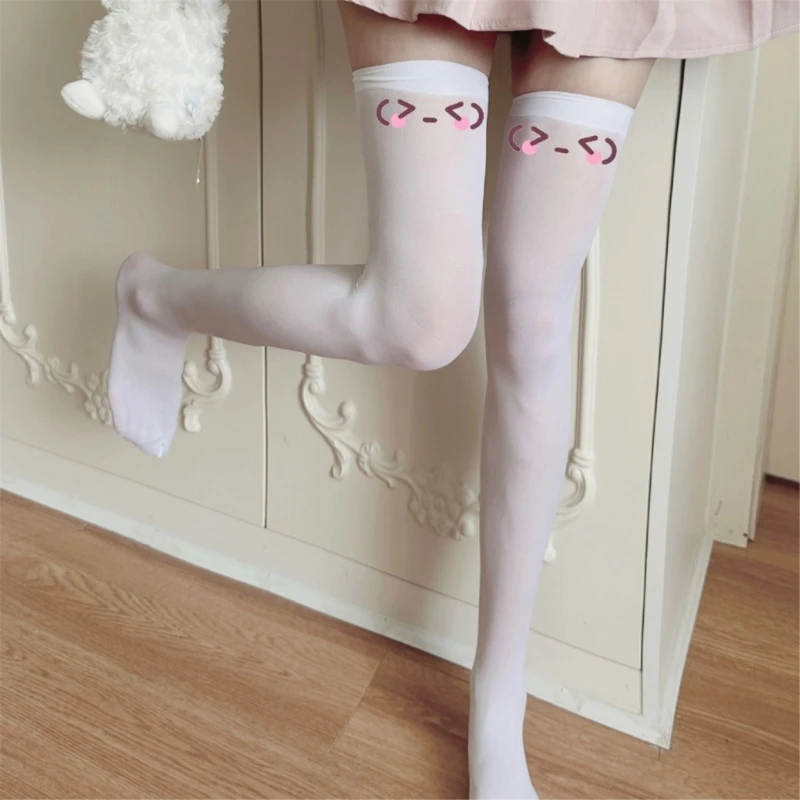 Women Japanese JK Sweet Anime Expression Print Thigh High Stockings Subculture Cosplay Silk Over Knee Long Socks Hosiery