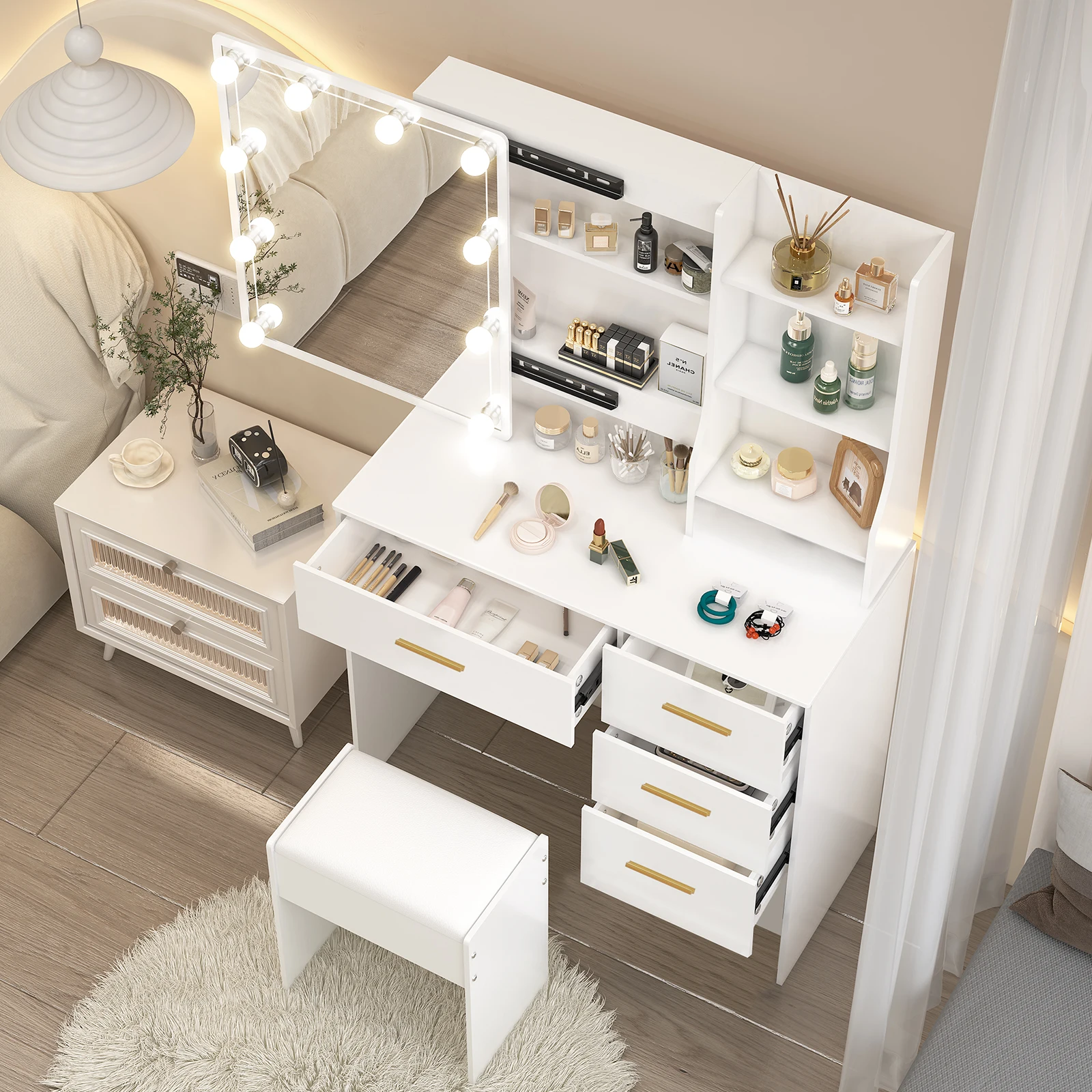 【صفقات 11.11، عروض الجمعة السوداء 2025】مقعد طاولة مع مرآة و10 لمبات إضاءة LED ومكتب مكياج