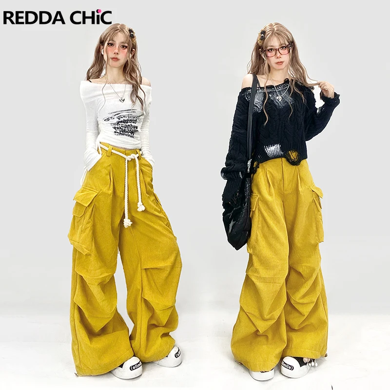 

REDDACHiC Light Yellow Corduroy Cargo Pants Women High Waist Pleated Big Pockets Straight Wide Leg Casual Pants Vintage Workwear