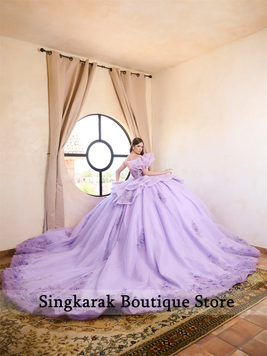 Sukienki Quinceañera w kolorze liliowym i lawendowym, księżniczka, gorset kwiatowy, kryształy, sznurowane, aplikacje, vestido de 15 quinceañera, szyte na miarę