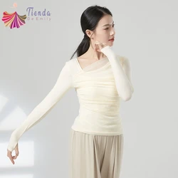 Modern Line Dance Top Women Long Thumb Finger Sleeve Training Tops Spliced Pleated Mesh Blouse Performance Costume Stage Clothes