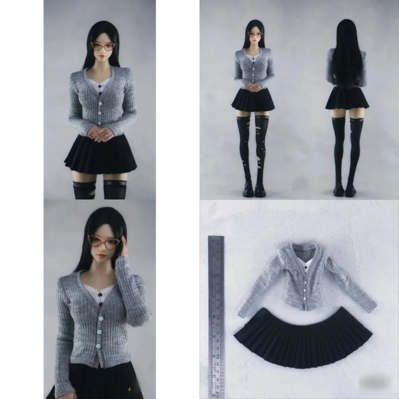 

1/6 Scale Female Gray V-neck Knitted Sweater Black Pleated Skirt Clothes Model for 12in Soldier Toy Figures Dolls Decor