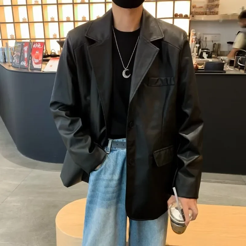 

Autumn 2024 Men's Mid To Long Length Leather Jacket Korean Version Loose and Handsome Machine Leather Coat Windbreaker Trend