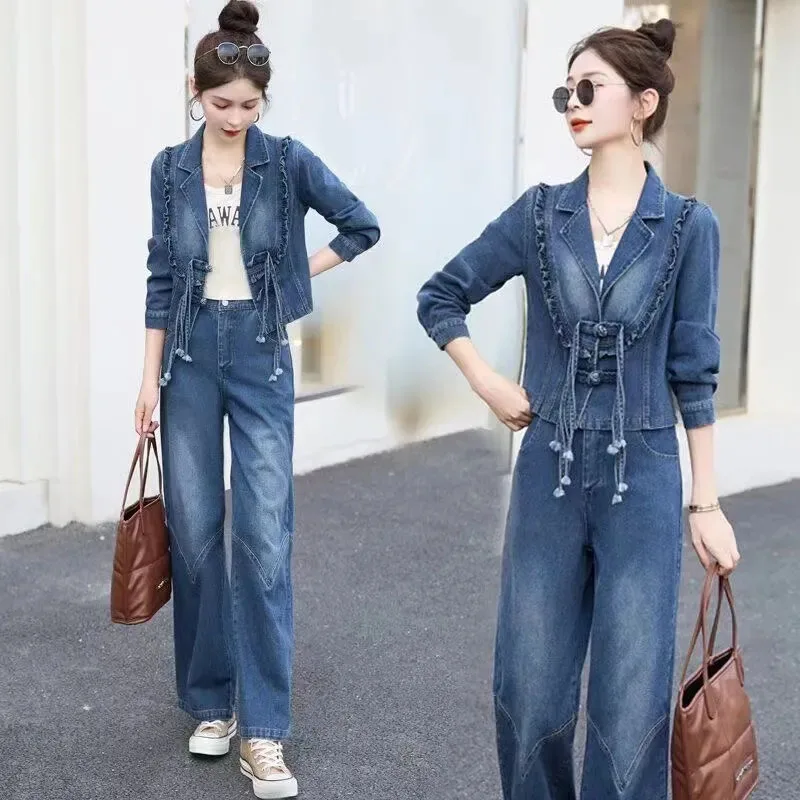 New Fashion damski jeansowe spodnie z szerokimi nogawkami garnitur jesienne casualowe krótka kurtka dżinsowa jeansy dwa wieloczęściowe kombinezony