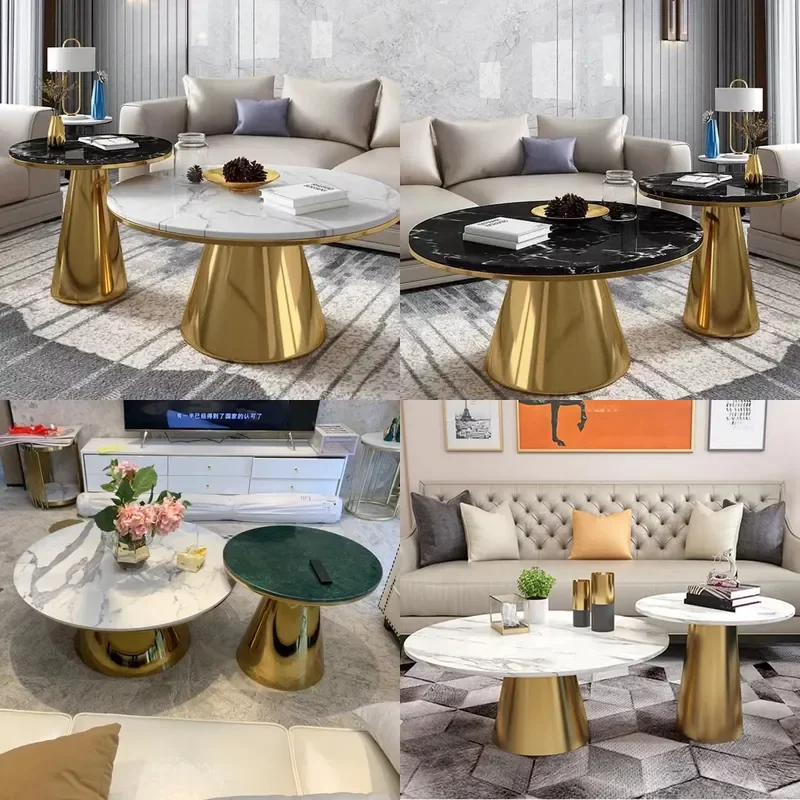 Nordic Light Luxury Marble Coffee Table for Living Room Small Apartment Simple Modern Round Table with Stainless Steel Edge