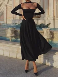 Long Sleeve Hollow Out Chic Maxi Dress, Women Spring Autumn O Neck Casual Party Dress, 2025 Patchwork Solid Ladies Dress Vestido
