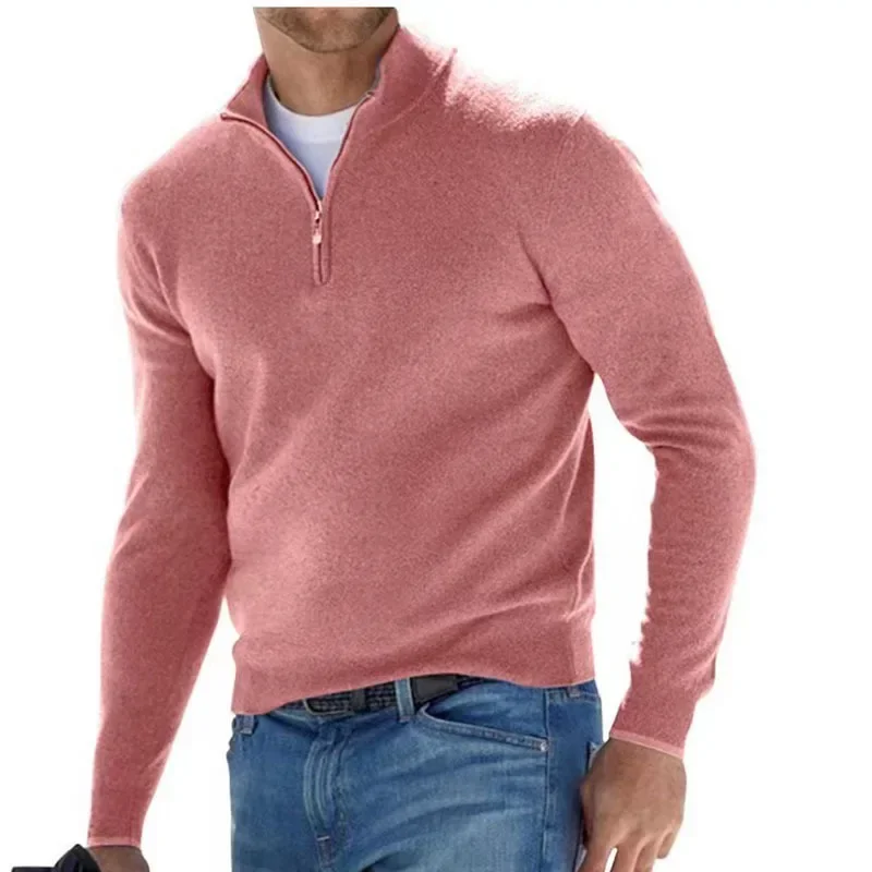 New Men's Autumn Long Sleeve V-neck Tops European and American Style Woolen Zipper Casual Business Slim Fit Polo Shirts
