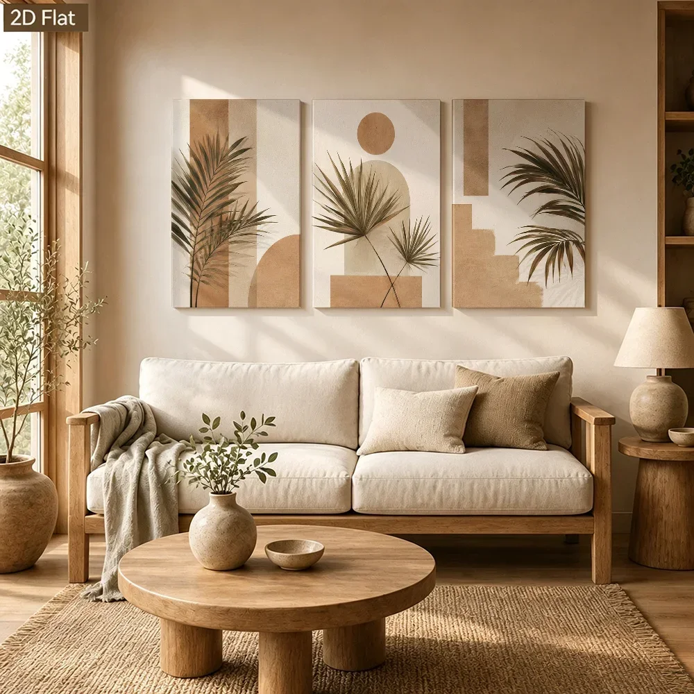 2D Flat, 3pcs Modern Minimalist Wabi-Sabi Palm Leaf Wall Art - Vertical Abstract Brown Tone Framed Canvas Paintings, Suitable