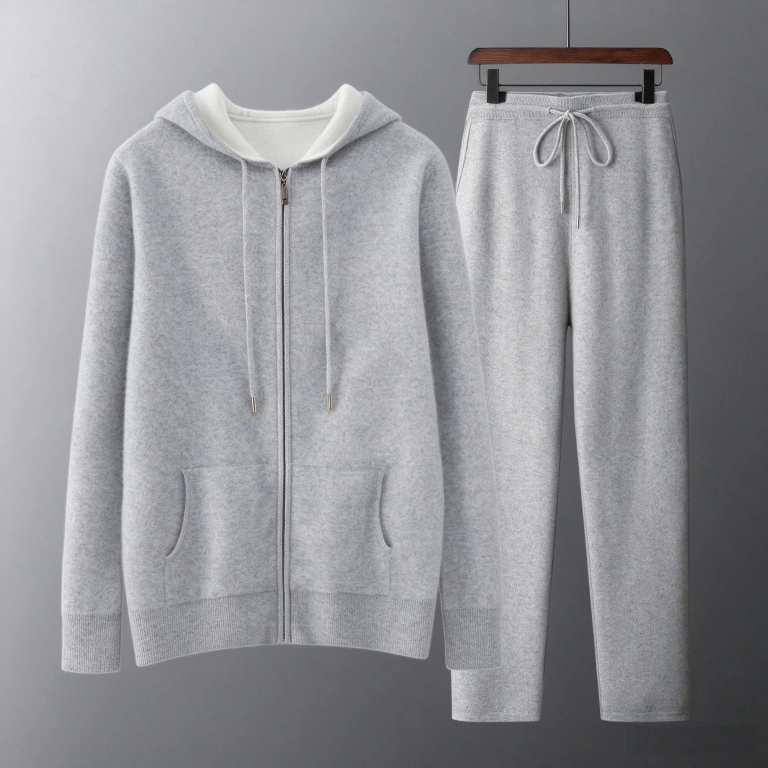 Men's Matching Clothing 100% Merino Wool Pants Hooded Cardigan Coat Autumn Winter Knit Outfit Pure Wool Jacket Sweater Trousers