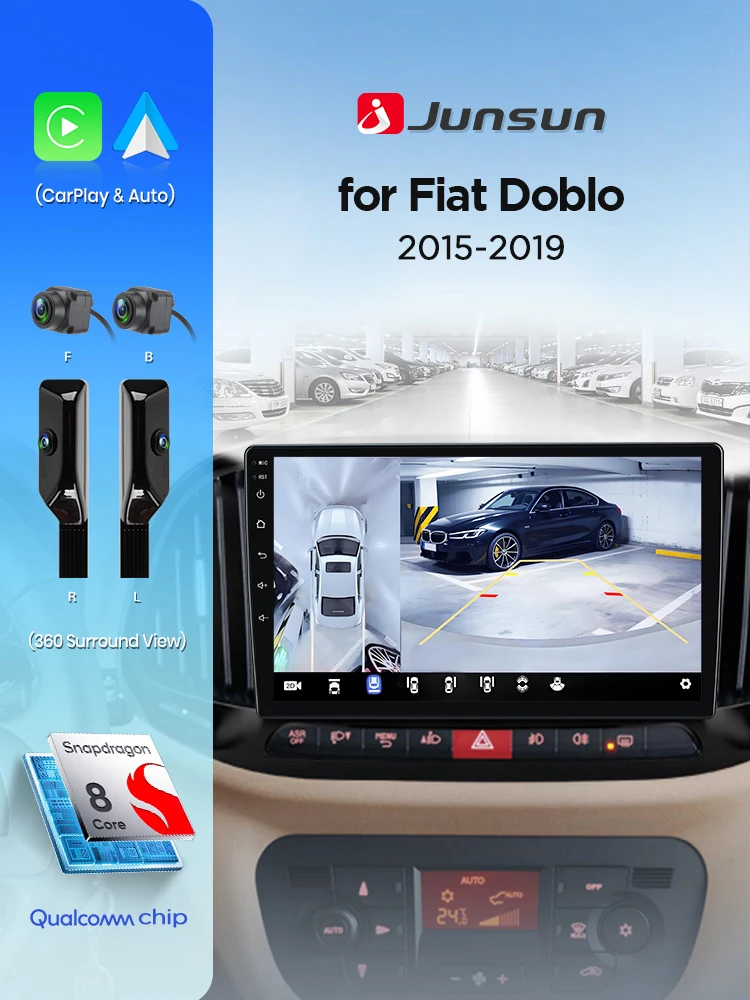 Junsun 360° °   Panoramakamera Autoradio für Fiat Doblo 2015–2019 Wireless CarPlay Bildschirm Android Auto Stereo GPS Navi RDS WiFi
