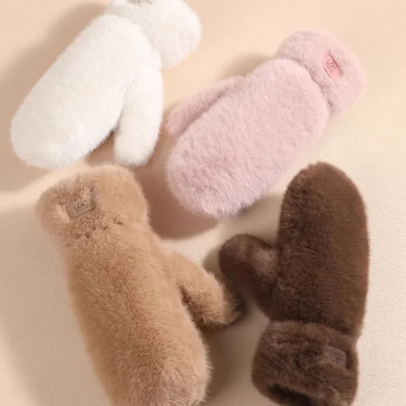 Plush Thick Warm Plus Cashmere Gloves Imitation Rabbit Fur Gloves Women Winter Gloves Windproof Soft Full Fingers Mittens Glove