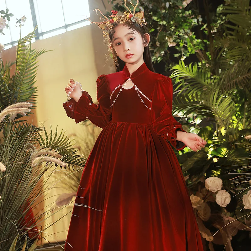 Fashion Burgundy Velvet Dress For Girls Evening Dinner Children Formal Costumes Piano Performance High Quality Elegant Gowns