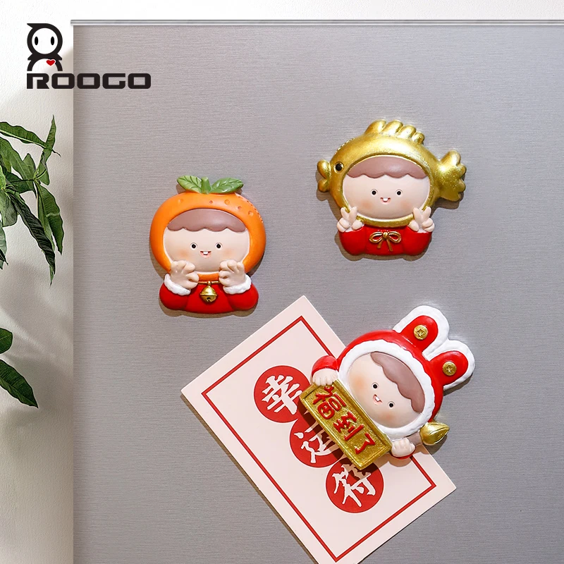 ROOGO New Creative Figurine Fridge Magnet Cute Resin Refrigerator Stickers Decor Cartoon Girl New Year Home Decoration Access