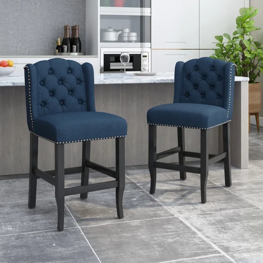 Vienna Contemporary Fabric Tufted Wingback 27 Inch Counter Stools, Set of 2, Navy Blue and Dark Brown
