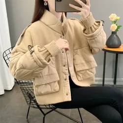 Stand Collar Cotton Coat Female Casual Splicing Single Breasted Jacket 2023 Autumn Winter Fashion Thicken Cardigan Short Outwear