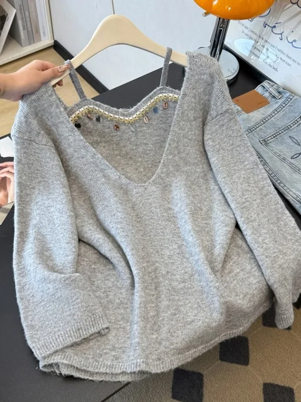 

Spring 2026 New plus Size Bright Sequin Strap Knitted Sweater Overalls Two-Piece Set Women's Korean Style Loose Fit Long Sleeve