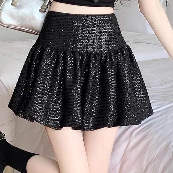

Women High Waist Sequin Mini Skirt Spring Summer Floral Bubble Hem Sparkly Party Skirts