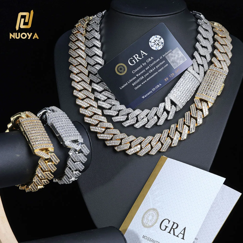 NUOYA Fine Jewelry 20mm 925 Sterling Silver Chunky Cuban Link Chain Pass Diamond Test Baguette VVS Moissanite Necklace Women，