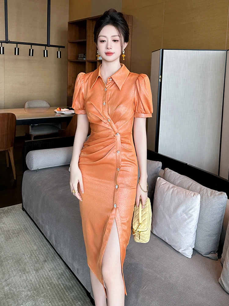 Fashion Elegant Formal Dress Women Chic Professional Shiny Polo Folds Pleated Single Breasted Slit Robe Business Party Vestidos