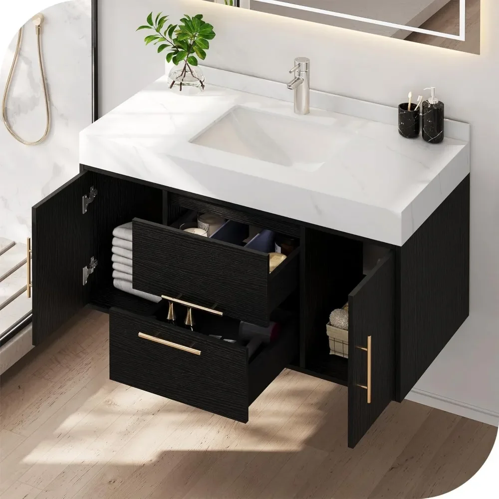 Vanity da bagno galleggiante nero da 40 pollici, mobiletto da bagno a parete con piano di lavoro in pietra sinterizzata bianca e lavabo in ceramica