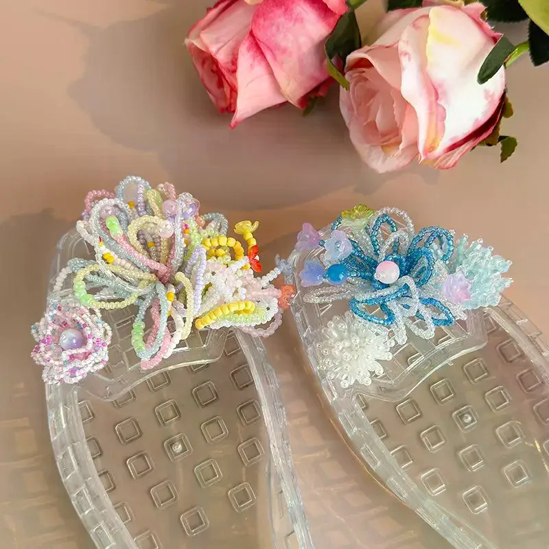 Handmade Women's Jelly Shoes with Beaded Décor Crystal Buckles Ideal for Beaches and Walks