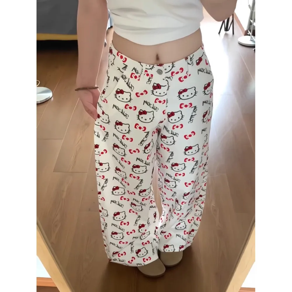 كارتون لطيف طقم أبيض طباعة واسعة الساق عالية الخصر الجينز النساء تصميم فضفاض مستقيم قطع بنطلون القطن تمتد الدنيم