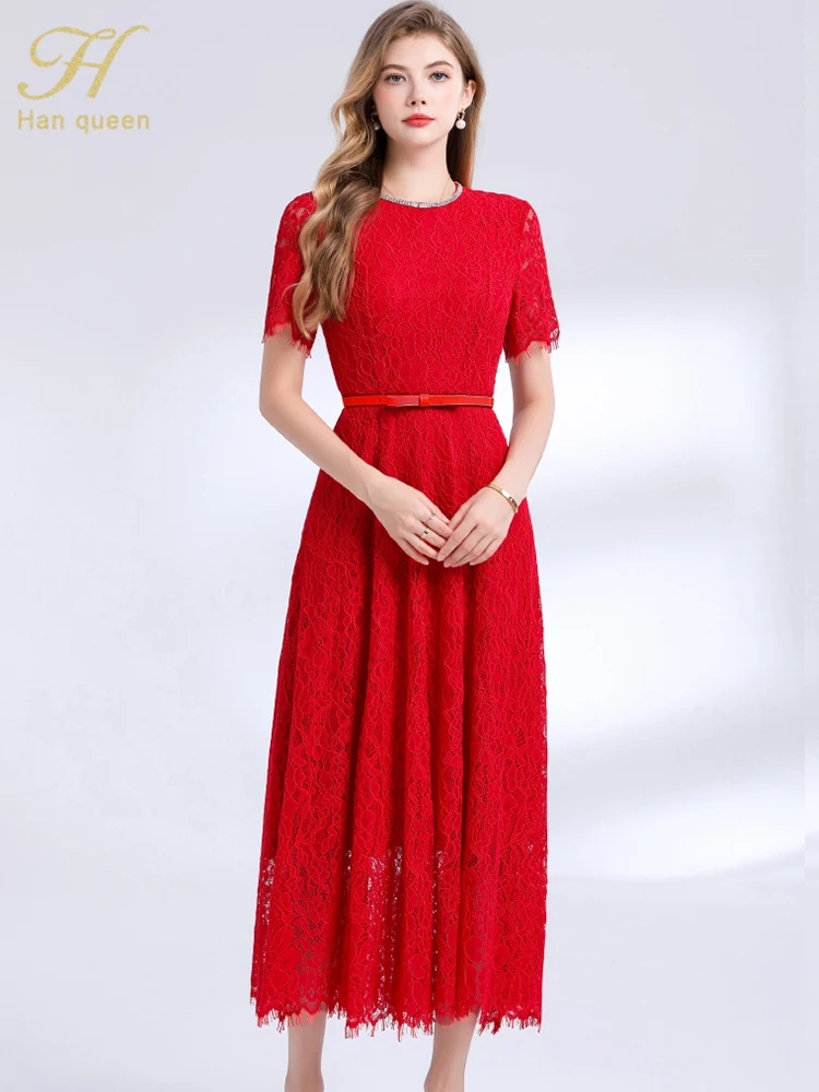 

H Han Queen Summer Hollow Out Lace Dress O neck Diamonds A-line Casual Bridesmaids Holiday Party Evening Dresses With Belt
