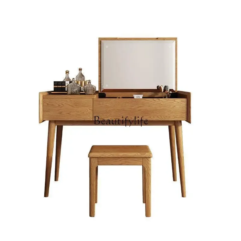 

FG11Nordic solid wood dresser flip storage dressing table with makeup stool ash wood
