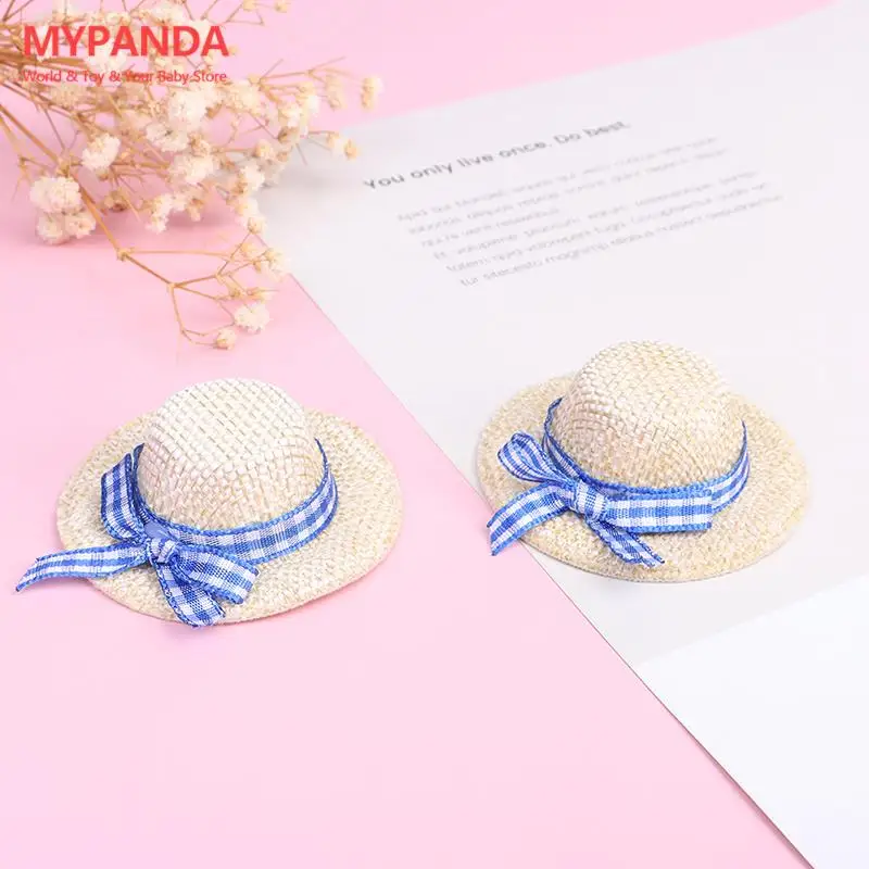 New 2Pcs Miniature Straw Hat Mini Doll Flocking Bow Hat Doll House Ornament Hand Weaved Dollhouse Accessories ID 3CM OD 6CM