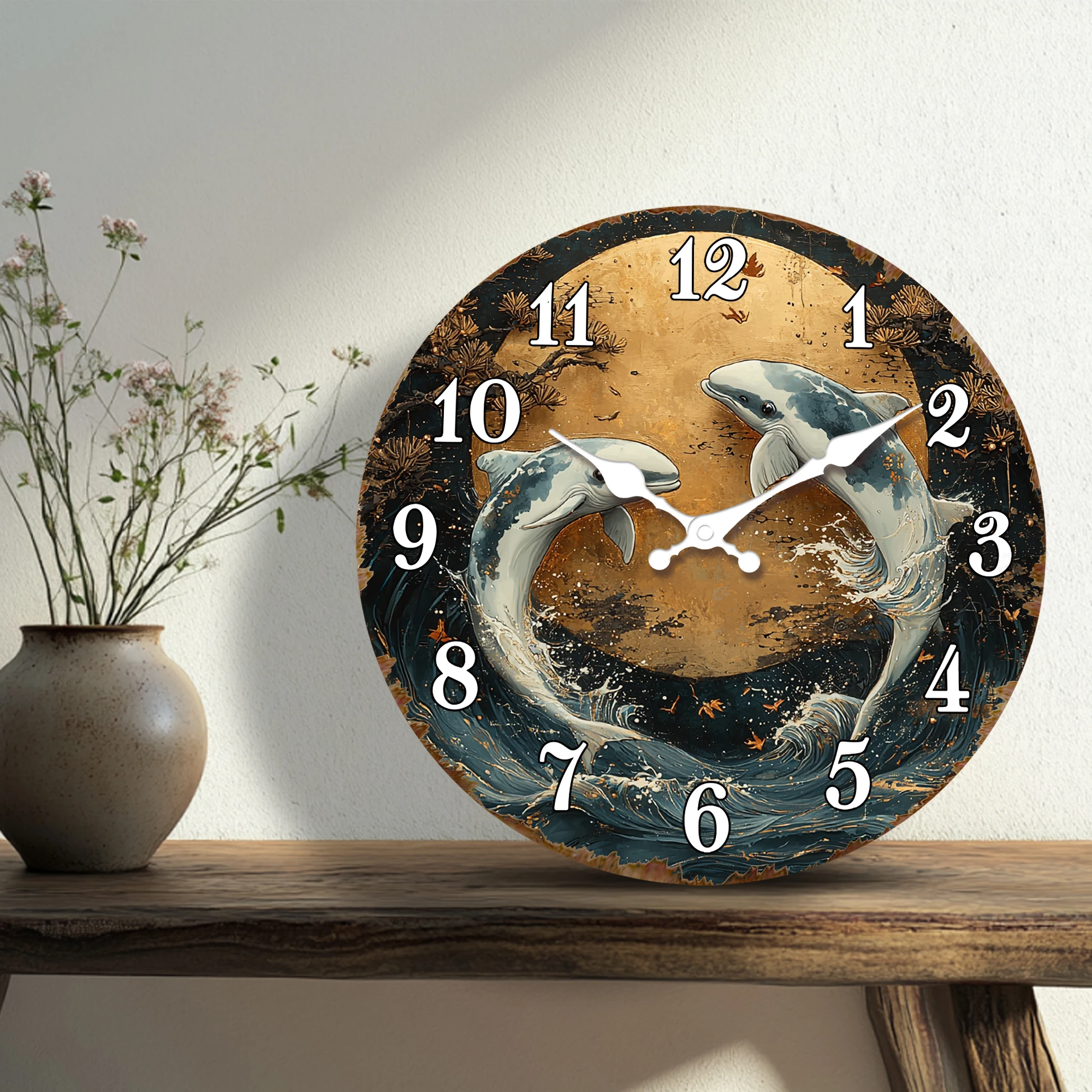 Artistic Wall Clock with Dolphins Leaping in Ocean Waves, Serene Marine-Themed Decor for Coastal Homes