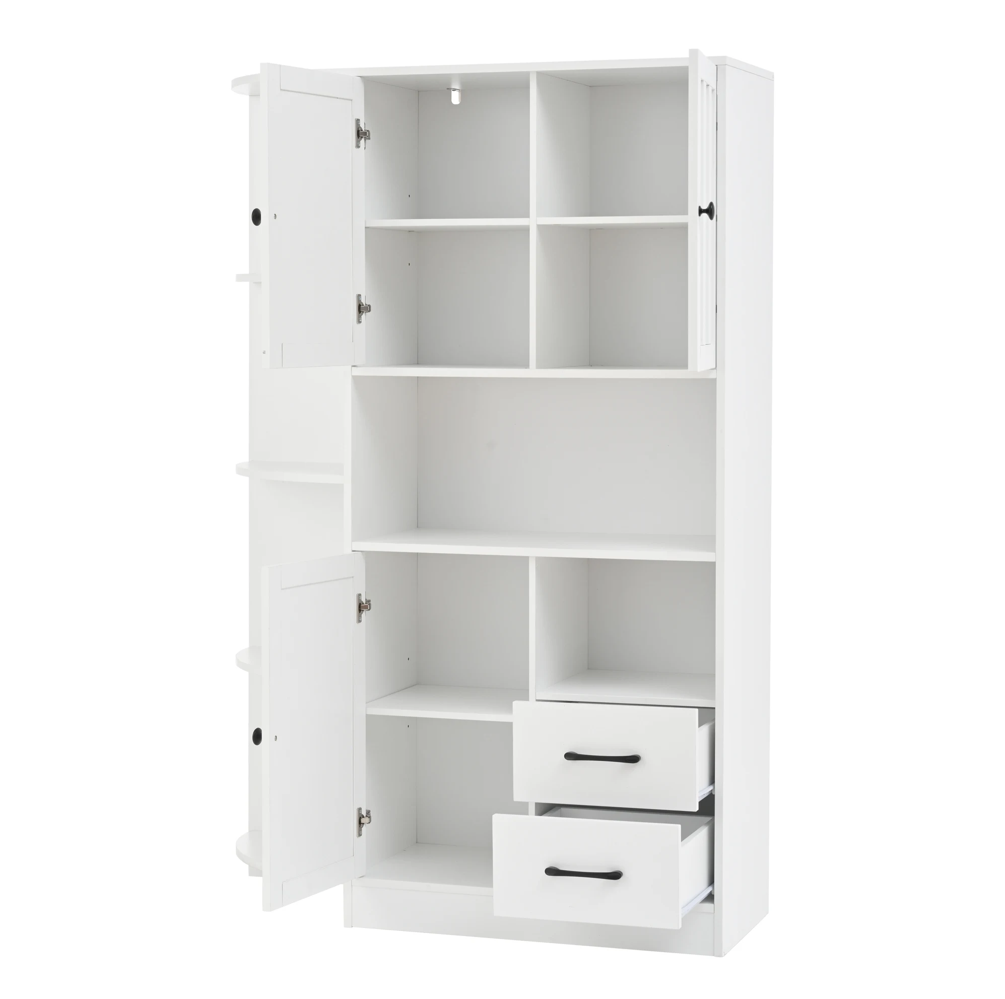 Meuble d'angle blanc 104x35x155 cm avec 3 placards, 2 tiroirs et 6 étagères ouvertes pour le rangement du salon