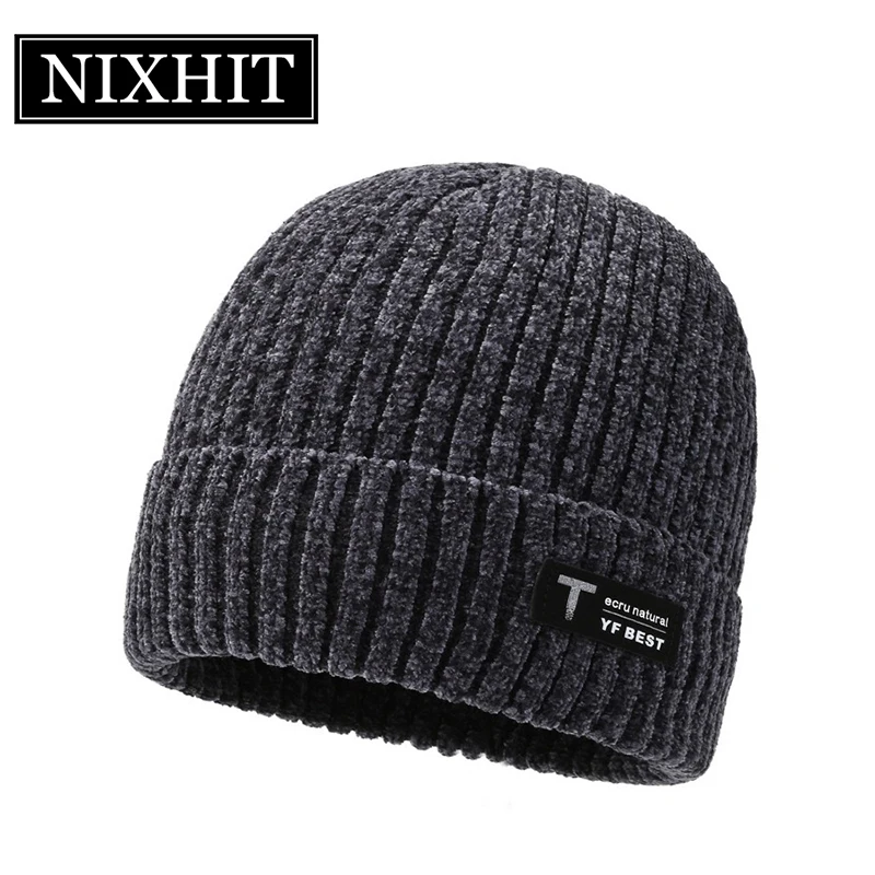 

NIXHIT Plus Velvet Thick Warm Fur Skullies Beanies Men Winter Hat Chenille Fleece Knitted Hats Riding For Men Cap Men's Hat Z258