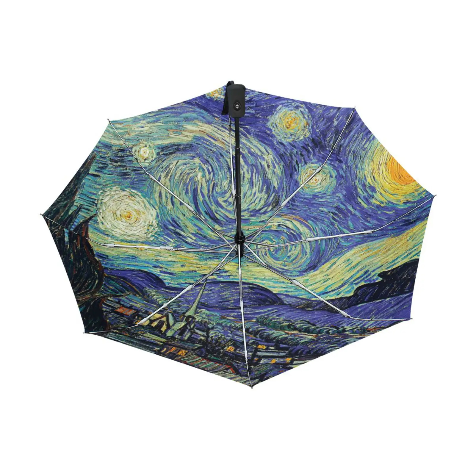 Outer Black Coating Automatic Umbrella Parasol Van Gogh Starry Night Painting Portable Anti-UV Three Folding Umbrella Rain Women